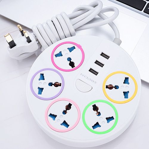 British Round Desktop Socket Universal Power Strip Power Socket Heavy Duty Surge Protector Plug Power Socket 5 Way Outlets 3 USB Charging Ports USB Charger Adapter 6.56 ft Long Extension Cord