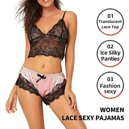 Women Lace Sexy Pajamas Nightclothes Black PINK L XL XXL V Neck Low Cut Lace Top And Ice Silky Shorts