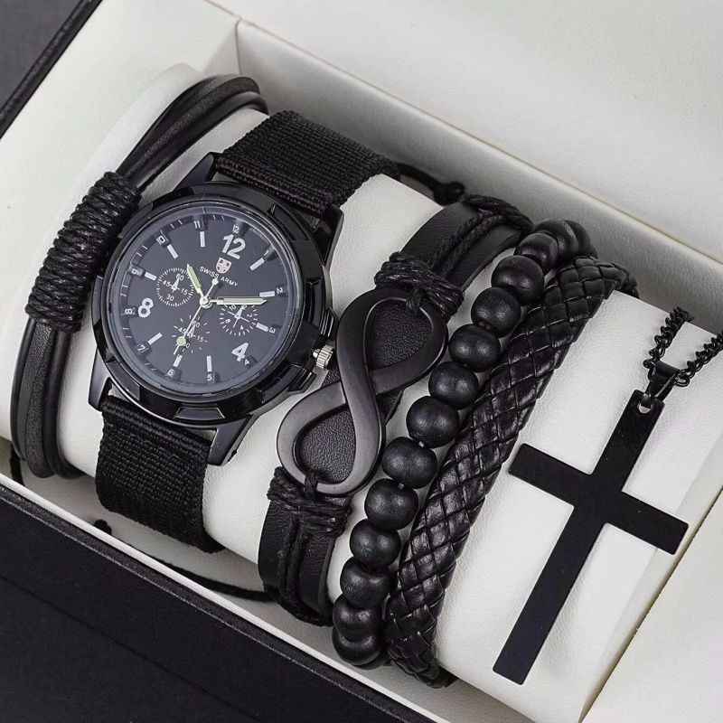 6pcs Set Fashionable Pu Leather 8 Shape Beaded Bracelet With Mechanical Watch Cross Pendant Necklace For Men, Black Colored