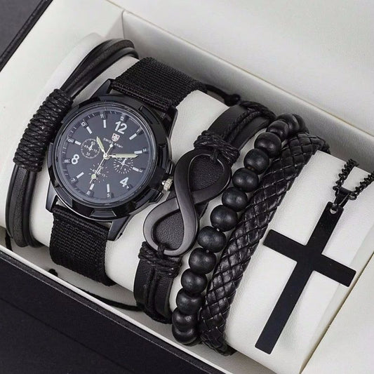 6pcs Set Fashionable Pu Leather 8 Shape Beaded Bracelet With Mechanical Watch Cross Pendant Necklace For Men, Black Colored