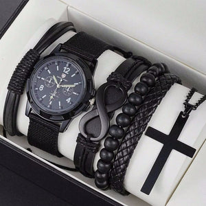 6pcs Set Fashionable Pu Leather 8 Shape Beaded Bracelet With Mechanical Watch Cross Pendant Necklace For Men, Black Colored