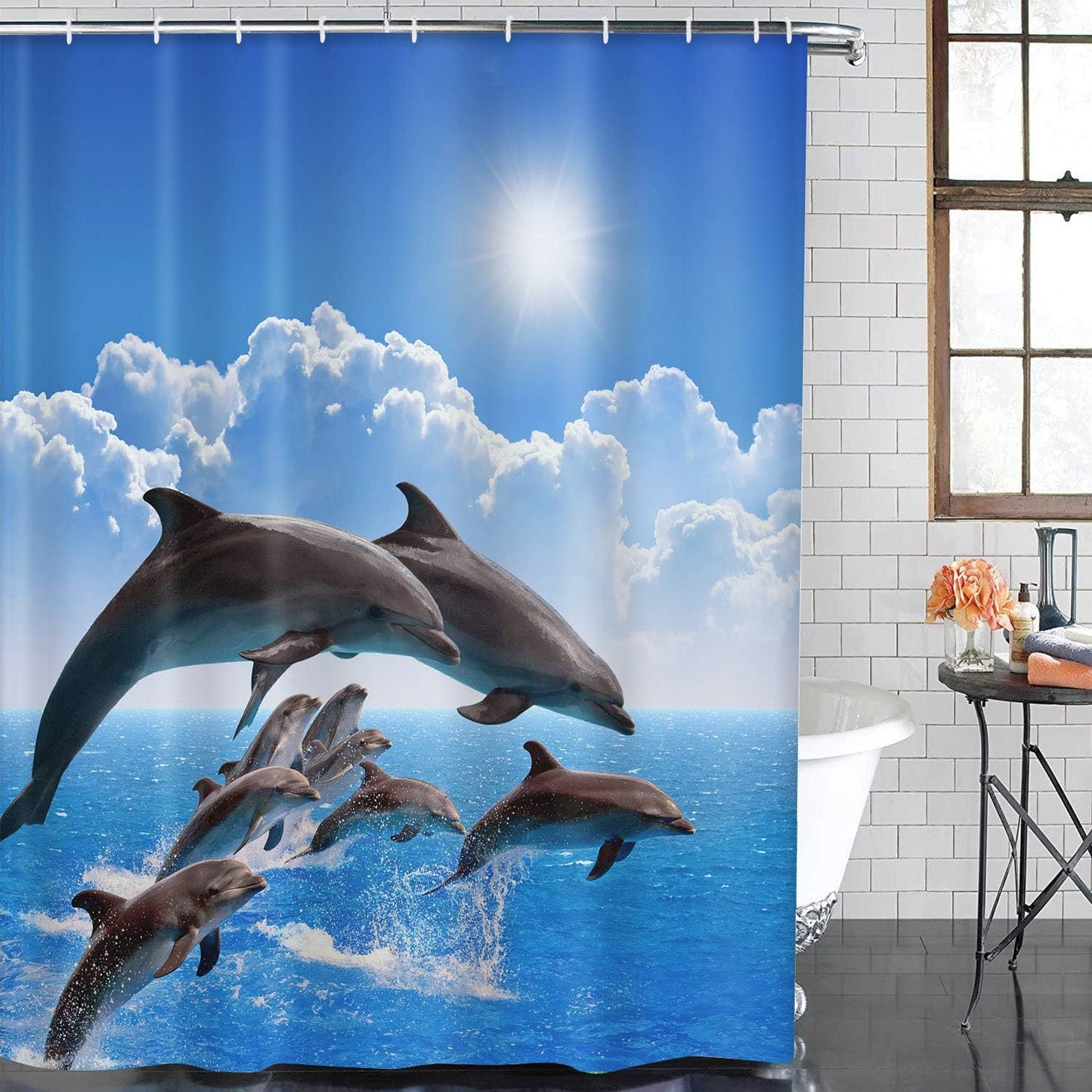 1PCS Dolphin Shower Curtain Shower Curtains Blue Ocean Wildlife Theme Bathrooms Shower Curtains Waterproof