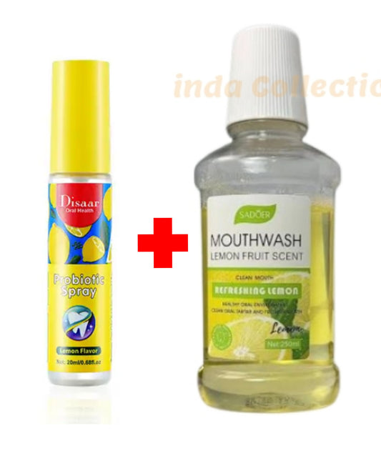 2Pcs Pack - Mouthwash + Mouth Spray - Sadoer Mouthwash Lemon fruit scent Mouth Wash and Disaar Probiotic Spray Fresh Breath Lemon Flavor Remove Oral Odor Bad Breath Mouth Portable Freshener