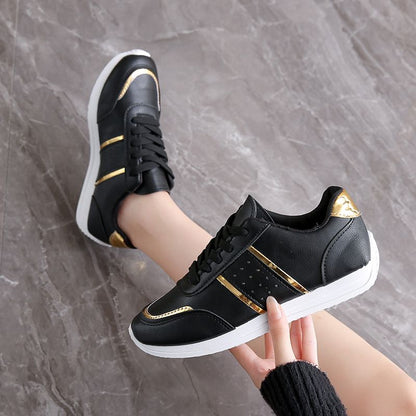 Size 38-42 women's PU artificial leather shoes students black shoes ladies running shoes girls board shoes athletic flat fashion casual sports shoes black golden