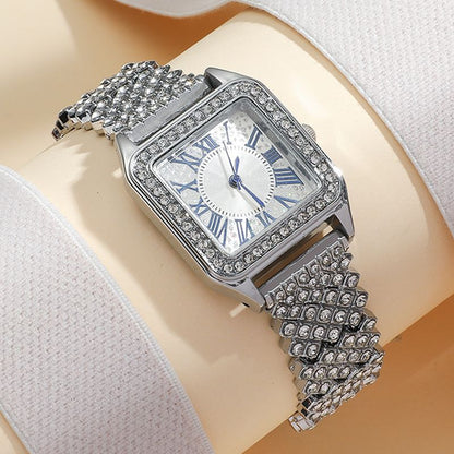 Fashion Full Iced Out Watches for Women Square Exquisite Alloy Steel Roman Luxury Rhinestones Quartz Watch Hip Hop Party Gift