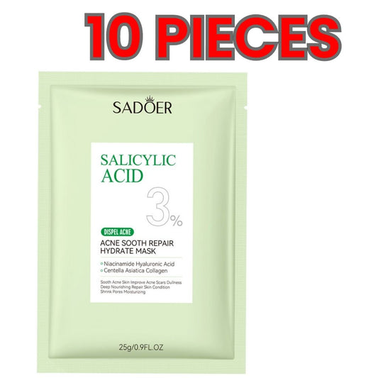 10 PIECES Sadoer Salicylic Acid Sheet Mask Pack Anti Acne Soothing Repair Hydrating Facial Mask Wholesale Price SADOER Acne Removing Control Soothing Repairing Moisturizing Face Mask