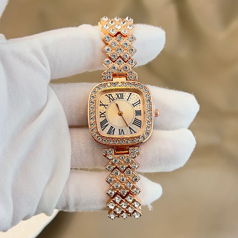 Ladies' quartz watch with starry sky and diamond inlay, ladies' small square watch with fashionable temperament, full diamond square bracelet, quartz women's watch