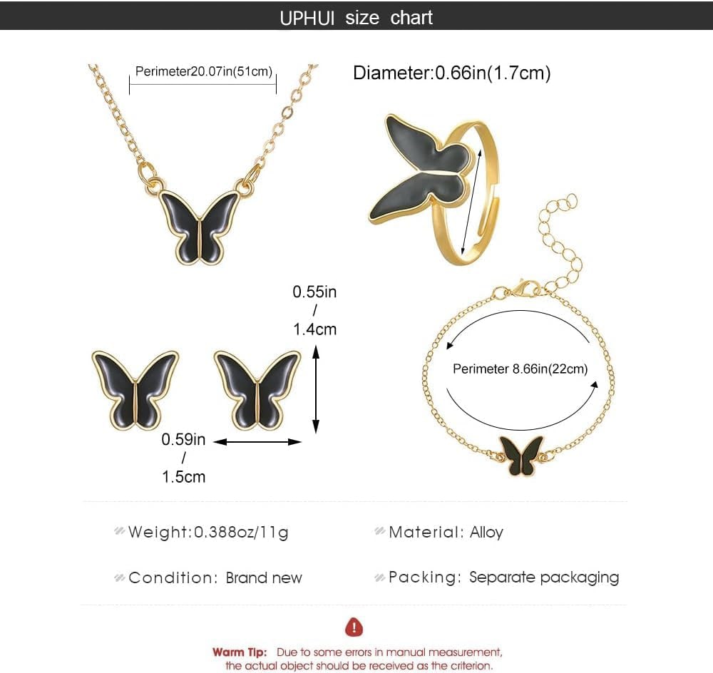 UPHUI 5-piece Women's Jewelry Set Earrings Necklaces Bracelets Rings Fashion Butterfly Jewelry Set Women's Butterfly Jewelry Couple Gifts