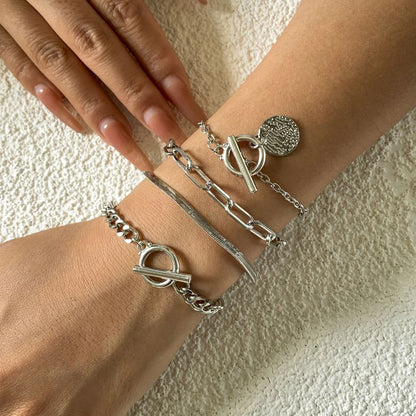 4-piece metal punk style bracelet set, flat snake bone chain bracelet, hip-hop trendy metal bracelet
