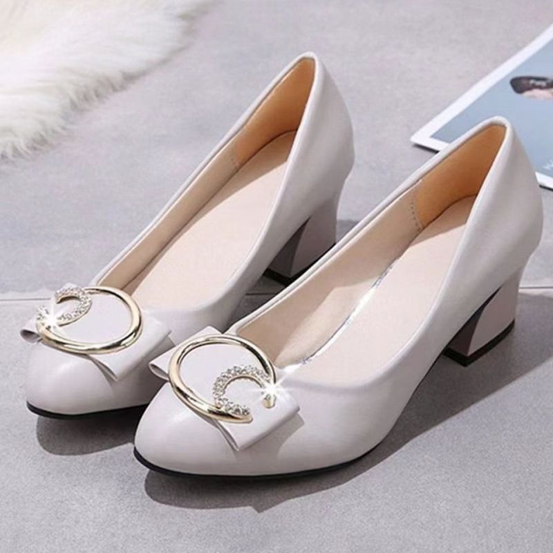 Women's PU artificial leather thick heels shoes girls shallow mouth pointed single heels light fashion high heels Mom work shoes Beige