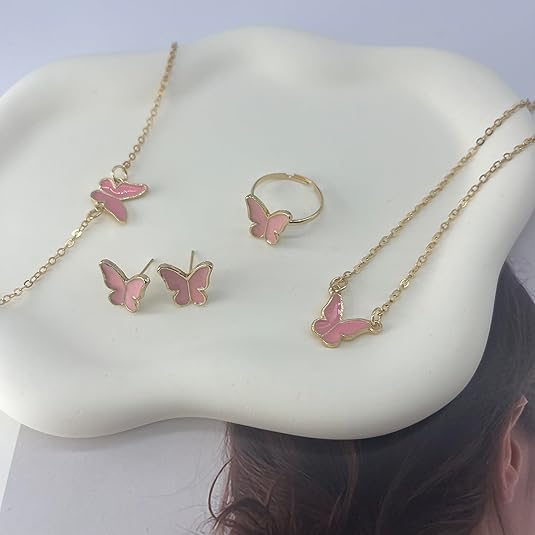 UPHUI 5-piece Women's Jewelry Set Earrings Necklaces Bracelets Rings Fashion Butterfly Jewelry Set Women's Butterfly Jewelry Couple Gifts