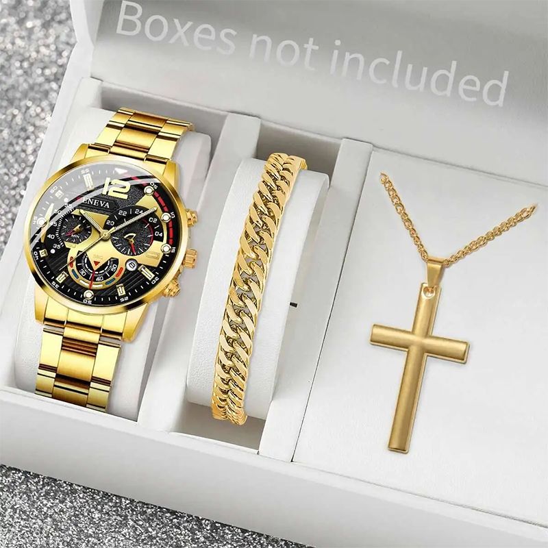 3PCS/Set Fashion Men Business Watches Casual Arabic Dial Analog Quartz Watch Bracelet necklace Jewelry Set