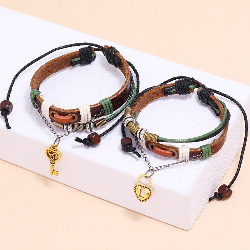 New 2PCS/Set Lovers Key Bracelet Lock Key Couples Bracelets His & Hers Leather Bangles Men Jewellery Valentine's Day Gift