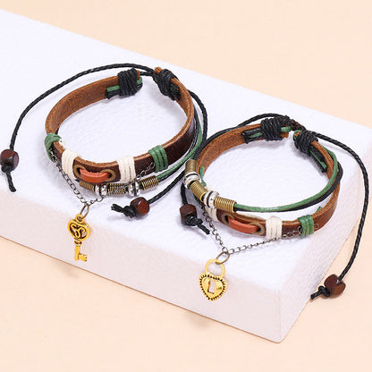 New 2PCS/Set Lovers Key Bracelet Lock Key Couples Bracelets His & Hers Leather Bangles Men Jewellery Valentine's Day Gift