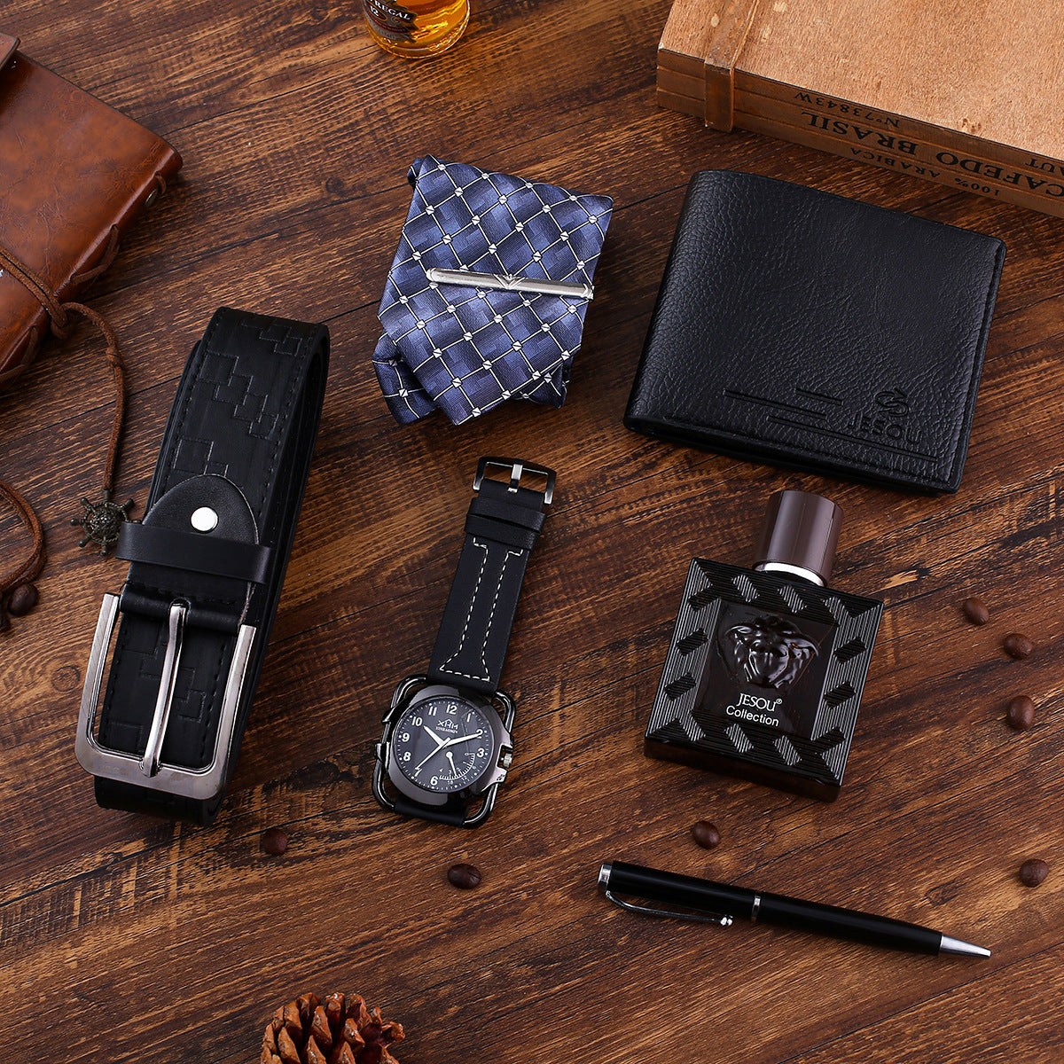 New 7Pcs/Set Men Watches Luxury Gifts Set Belt Tie Watch Wallet Perfume Cufflinks Pen Set Wallet Set Christmas Gift Valentines Gifts