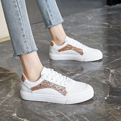 Size 38-41 Women's PU artificial leather white shoes ladies fashion sports athletic students running sneakers girls flat casual lace-up board shoes white +golden