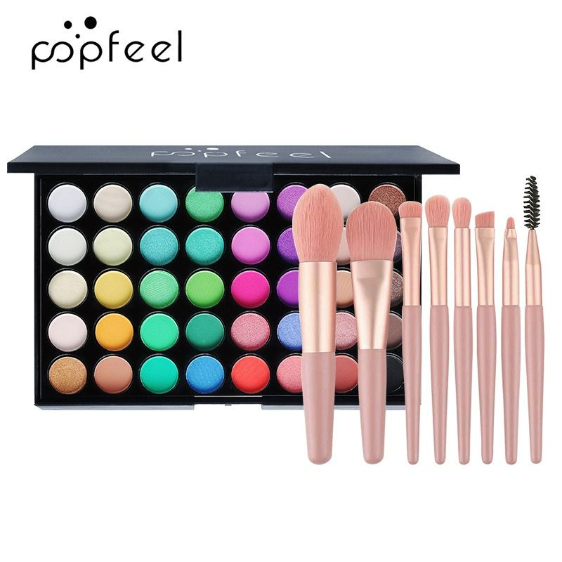 40Colors Eyeshadow Palette with 8 Pcs Eyeshadow Brush Set Waterproof Long Lasting Pressed Powder Cosmetics Women MakeUp popfeel