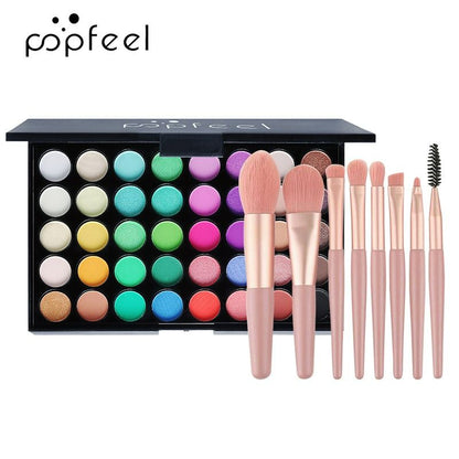 40Colors Eyeshadow Palette with 8 Pcs Eyeshadow Brush Set Waterproof Long Lasting Pressed Powder Cosmetics Women MakeUp popfeel