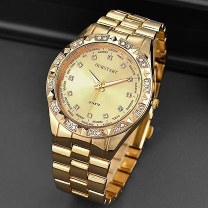 2PCS Lover Watches Business Stainless Steel Back Gold Watch Classic Diamond Rhinestone Couple Gift Watch Hip Hop Metal Color Bling Diamond and Steel Strip Women Men Couple Quartz Watch