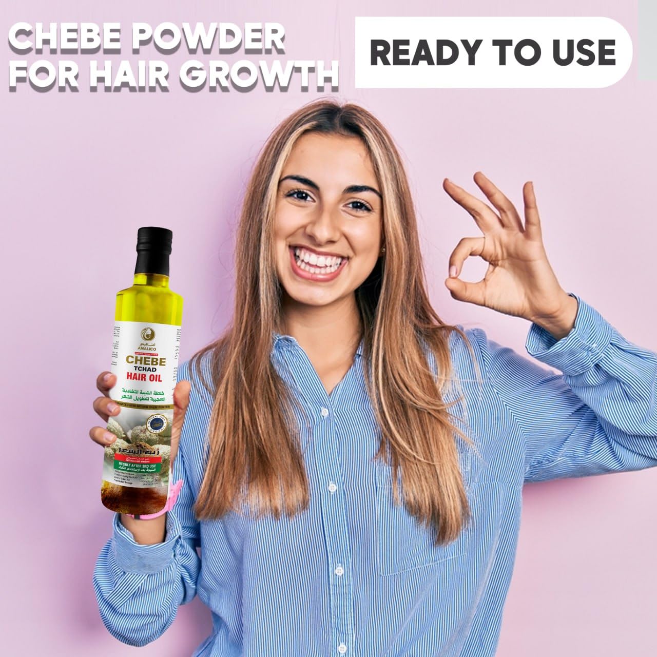 Amalico Chebe Oil for Hair Growth - Olive Oil, Ostrich Oil, Essential Oil, 100% Natural African Chebe Powder for Hair Growth - Ready to Use, Large Volume 250ml 25oml