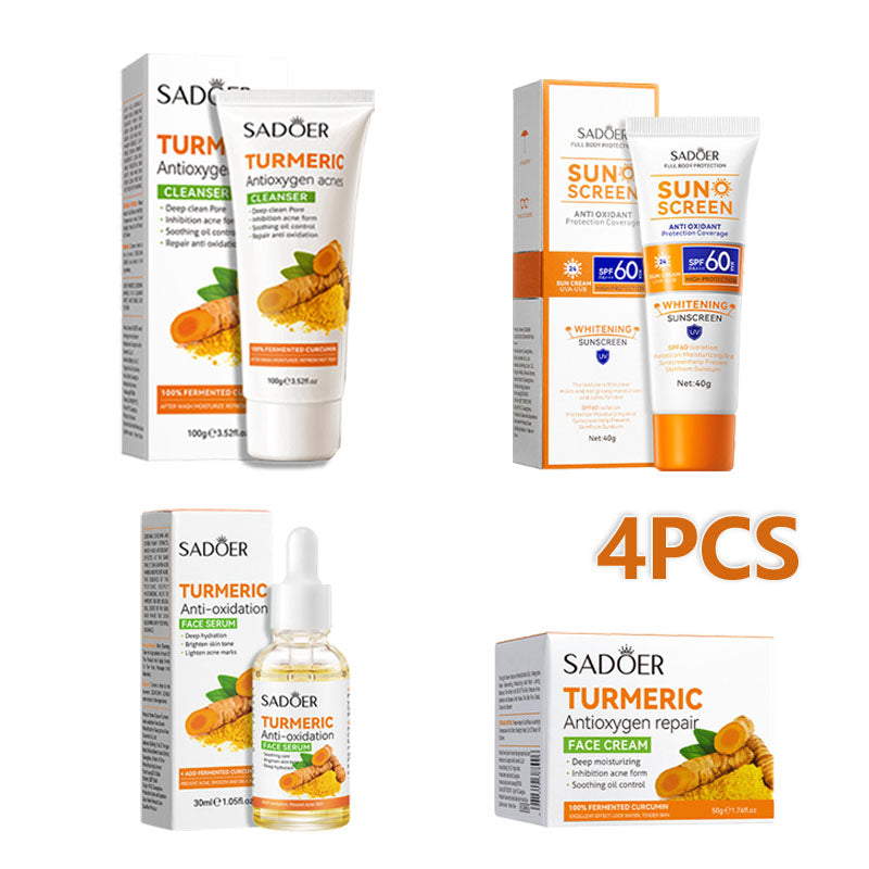 SADOER 4PCS Skin Care Set Turmeric Antioxidant Repair Set Acne Face Cleanser + Face Serum + Antioxidant Repair SADOER Face Cream + SADOER Sunscreen