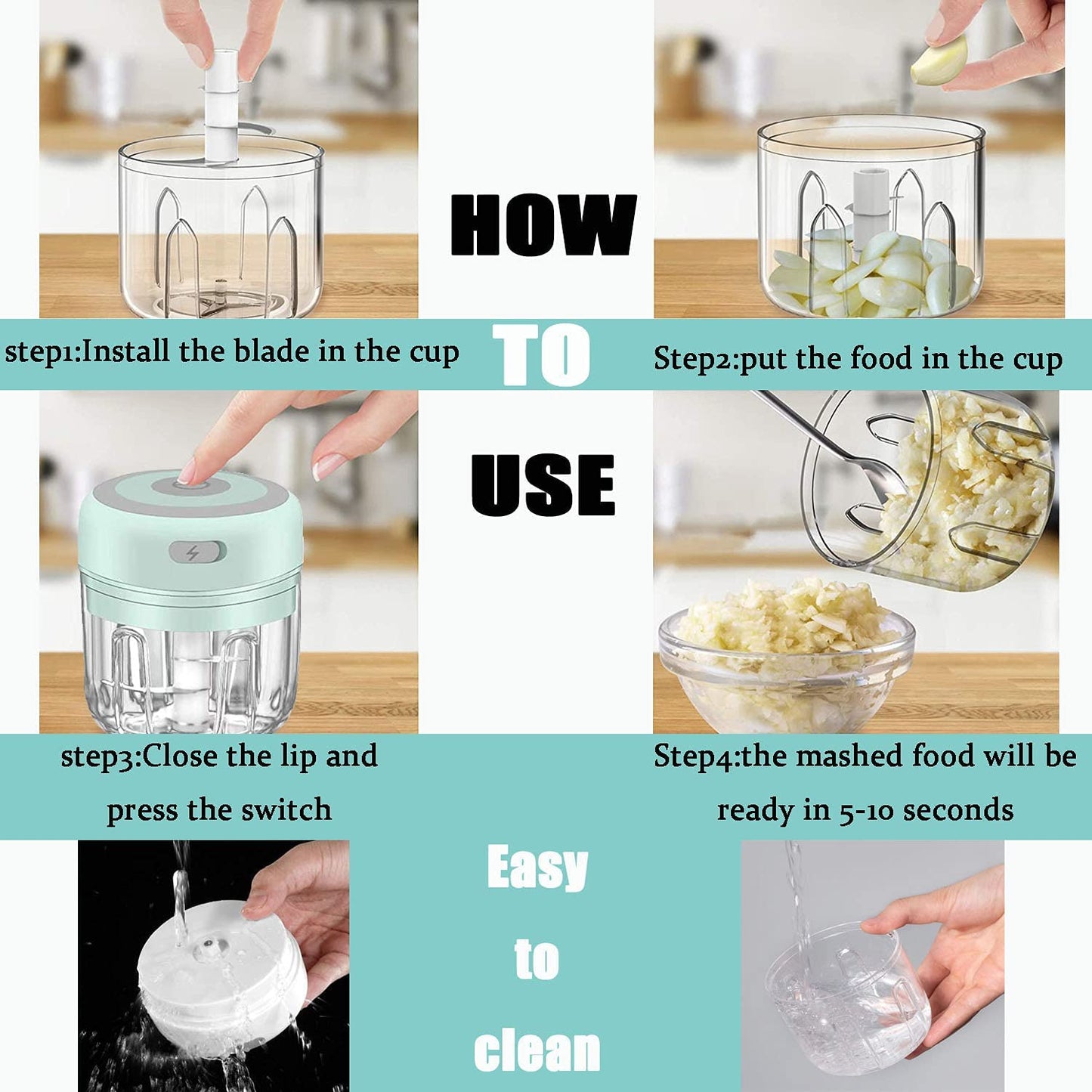 HW Wireless Electric Mini Garlic Chopper Machine(250ML), USB Kitchen Food Processor with 3 Blades