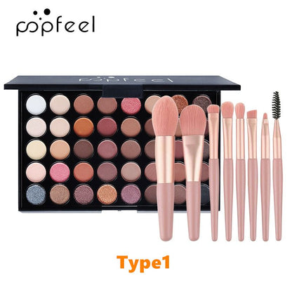 40Colors Eyeshadow Palette with 8 Pcs Eyeshadow Brush Set Waterproof Long Lasting Pressed Powder Cosmetics Women MakeUp popfeel