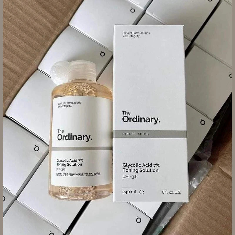The Ordinary Glycolic Acid 7% Toning Solution bottle and packaging on a reflective surface.