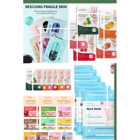 The Ultimate Skincare Package- 10 Sheet Masks For Face (Mooyam), 2 Pairs Handmasks, 2 Pairs Feet Masks, 2 Neck Masks And 5 Lip Masks(Aloe Vera)