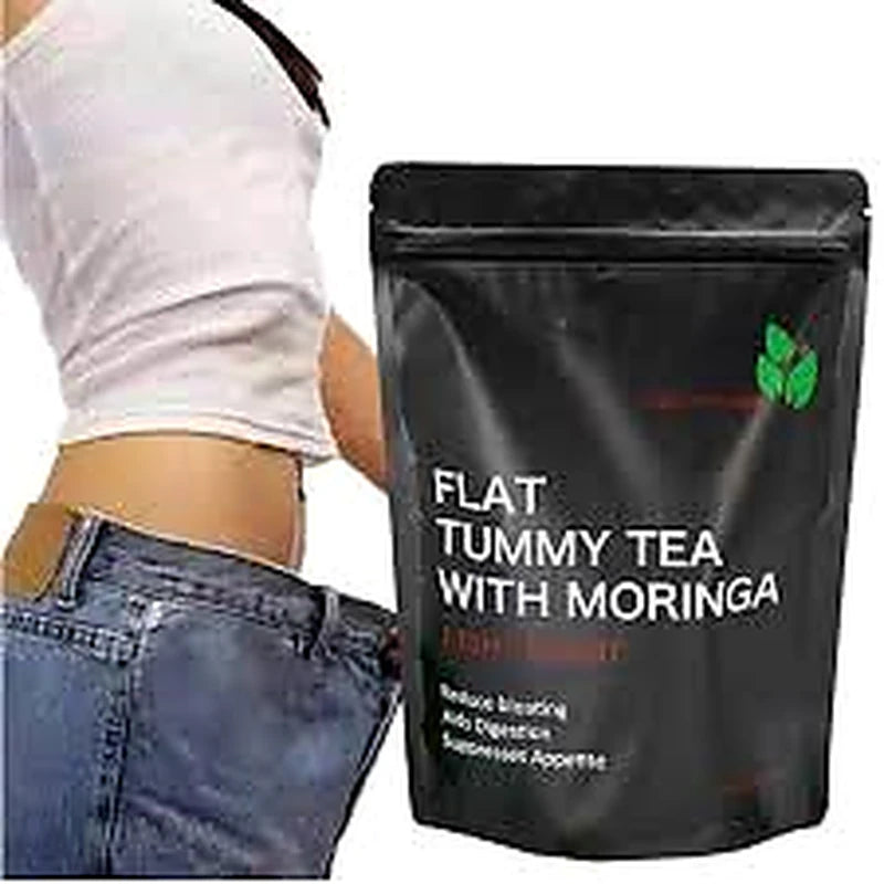 Black bag of 'Flat Tummy Tea with Moringa' next to a person showing a flat stomach.