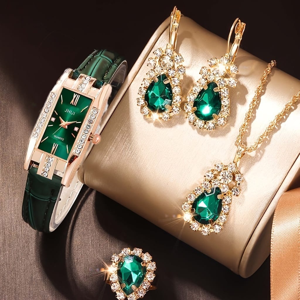 5PCS Women's Watch Earrings Necklace Ring Set Diamond Square Watch Jewelry Set Business Wristwatch Quartz Ladies' Watch