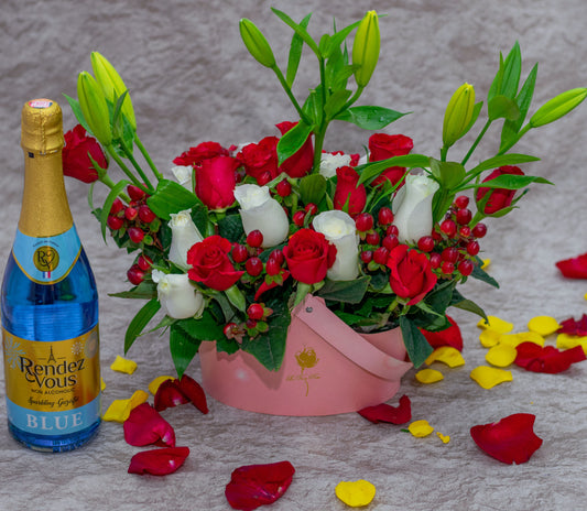 Tiger Lilies and Roses Basket and Rendezvous Drink
