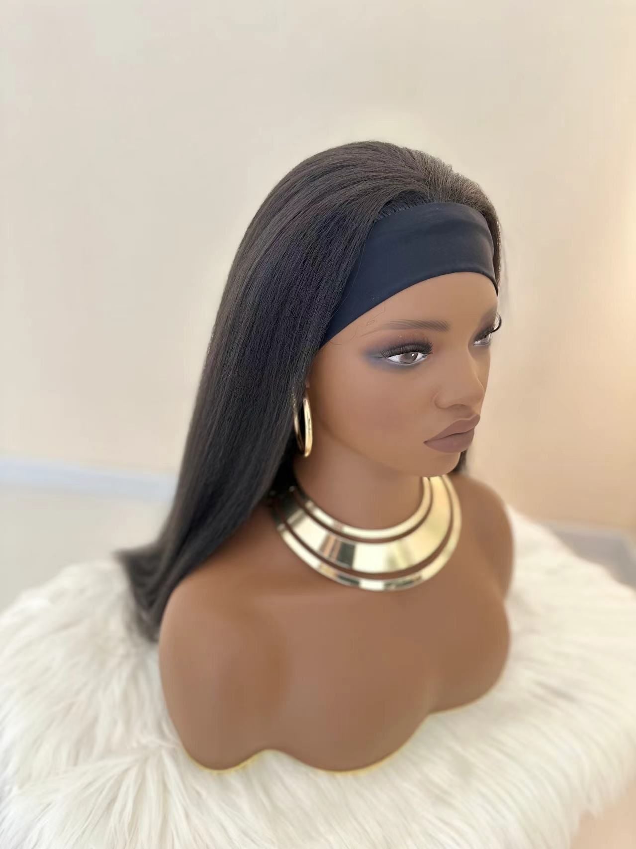 Synthetic Yaki Kinky Straight Wigs - 26 Inch 1B Black | Adjustable Headband & Natural Look(African Women, Protective Style, Quick Install, Realis,Birthday Gift)
