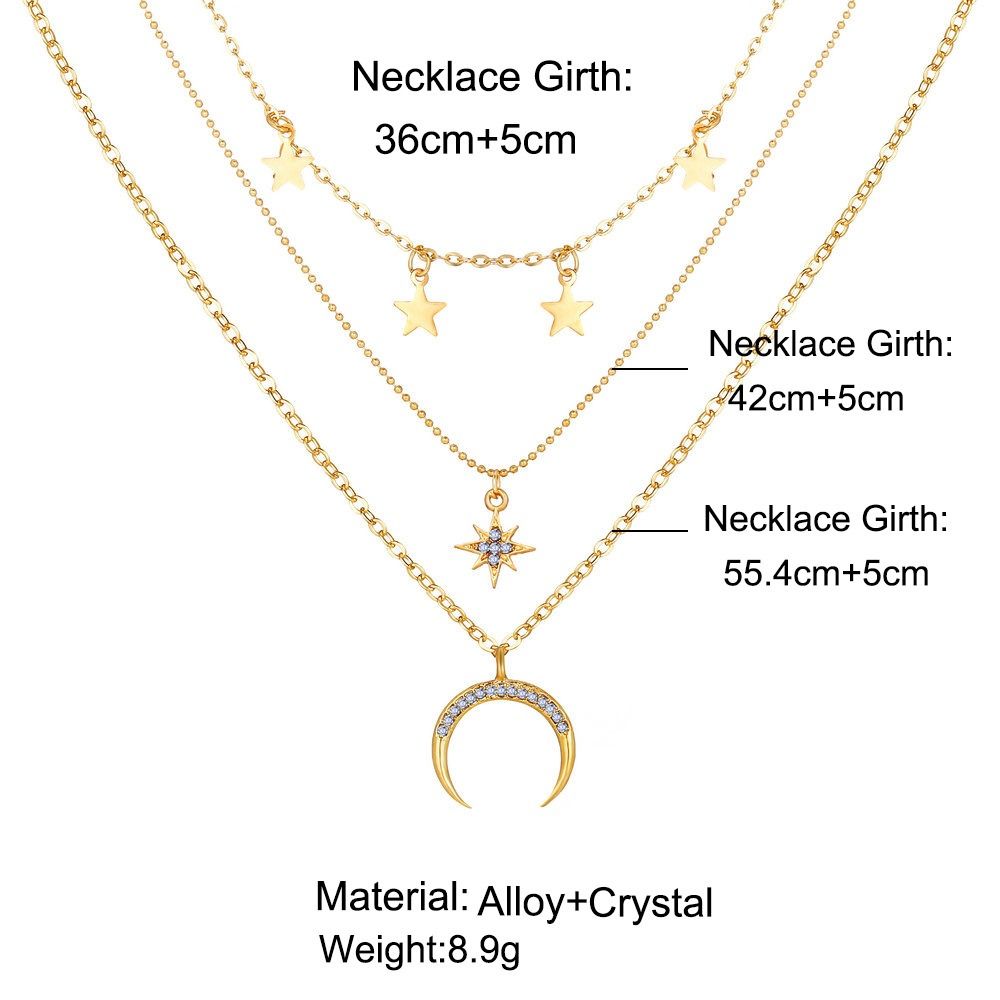 Pentagram Pendant Clavicle Necklace Creative Retro Simple Eight-pointed Star Crescent Three-layer Necklace