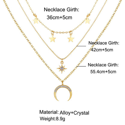 Pentagram Pendant Clavicle Necklace Creative Retro Simple Eight-pointed Star Crescent Three-layer Necklace