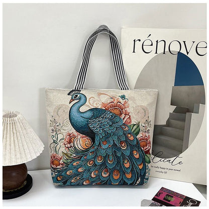 Gelory Fashion Painted Western Retro Style Large Capacity Tote Bag Zipper Closure Canvas Women's Shoulder Handbags