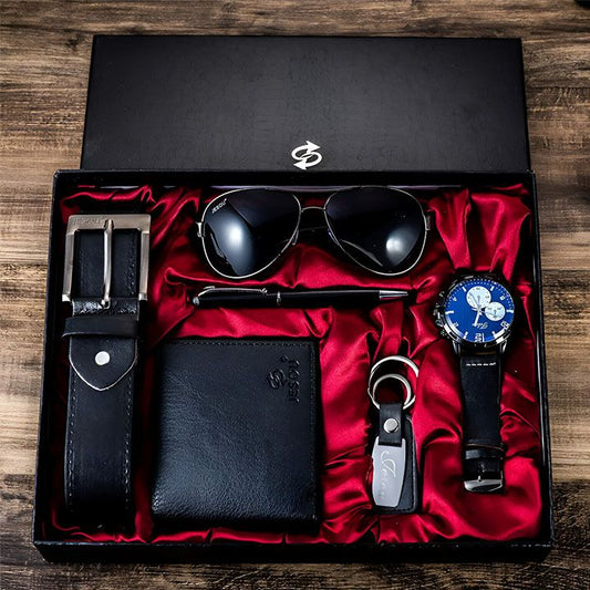 Gift Business Luxury Mens Set 6Pcs/Set Classic Men Watches Luxury Gifts Set Sunglasses Belt Watch Wallet Pen Keychain Set Christmas Gift Valentines Gifts Holiday Birthday Gift