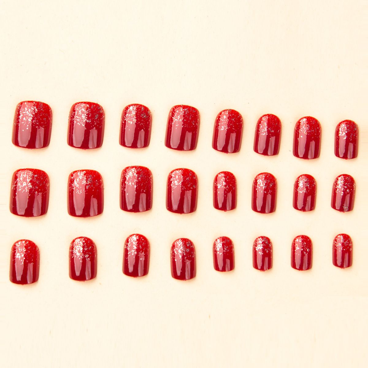 Short red nail art finished product, red finger root glitter nail art sheet, fake nail sticker nail art tool