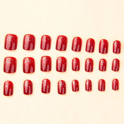 Short red nail art finished product, red finger root glitter nail art sheet, fake nail sticker nail art tool