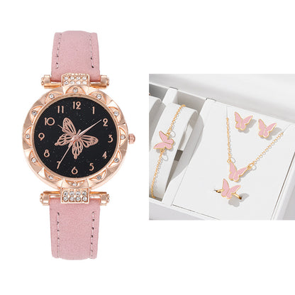 Popular Fashion 5 Set Women Watch Ring Necklace Earrings Bracelet Set Watches Luxury Crystal Butterfly Leather Strap Ladies Quartz WristWatch (With Box)