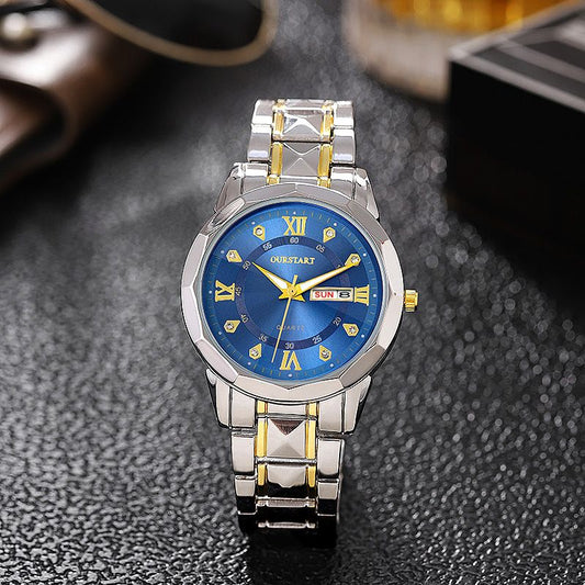Men's Night Light Leisure Rivet Double Calendar Steel Strip Quartz Men's Watch