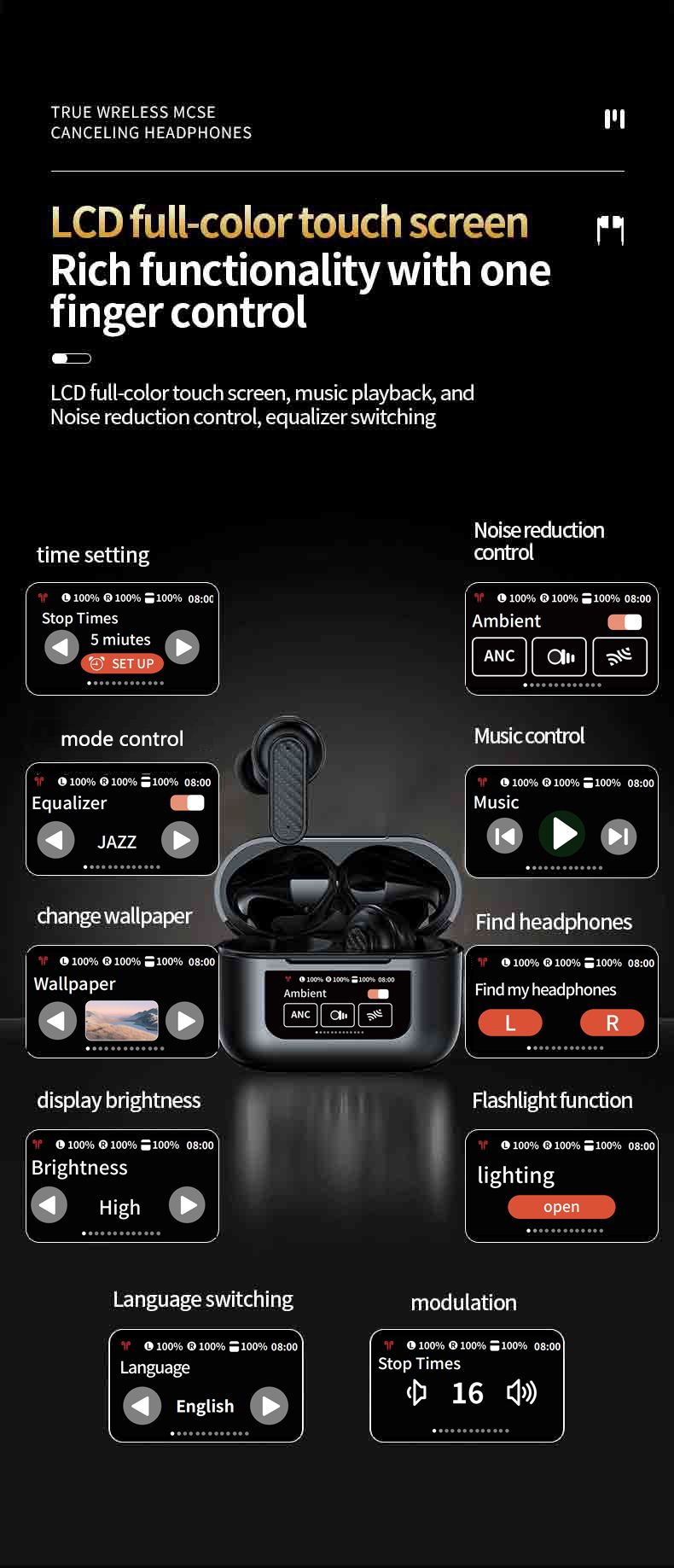 New LED Screen Bluetooth Earphones YW08 Touch Screen Earpods Color Display ANC Wireless Earphone TWS Earbuds Noise Cancelling Earphones For Android iOS Phones