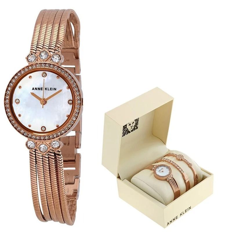 Anne Klein Watch Set – Elegant Quartz Watch & Bracelet Bundle with Crystal Accents, Mother-of-Pearl Dial, Jewelry Clasps & Splash-Resistant Design for Timeless Style