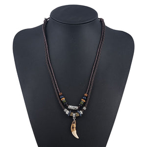 Men Bohemian Wolf Tooth Pendant Necklace Woven Vintage Handmade Cross Beads Stylish Tribal Design Tooth Rope Necklace Jewelry