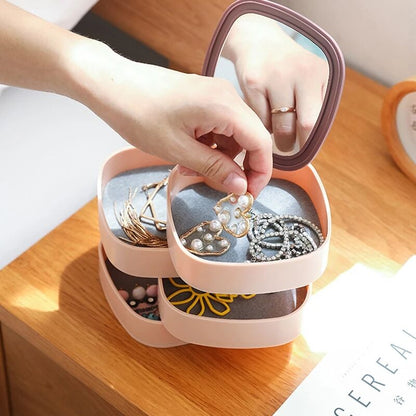 Four-layer Rotating Jewelry Box with Makeup Mirror Desktop Earrings Earrings Ring Jewelry Storage Box Tray Gifts Sales