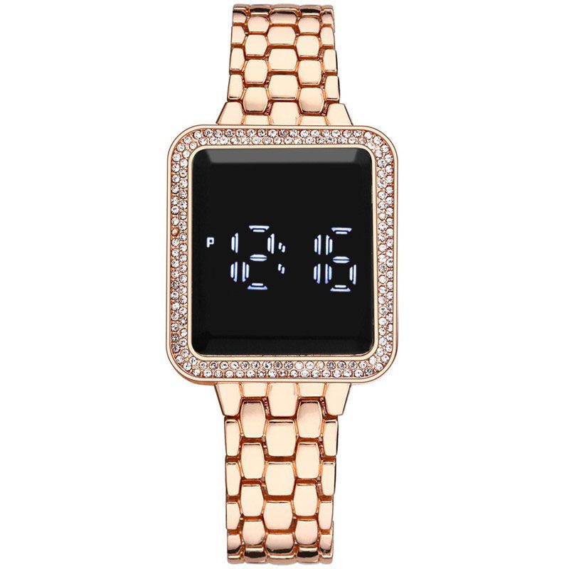 Square diamond inlaid led simple steel band watches touch wrist watch for man and women casual fashion trend electronic watchs