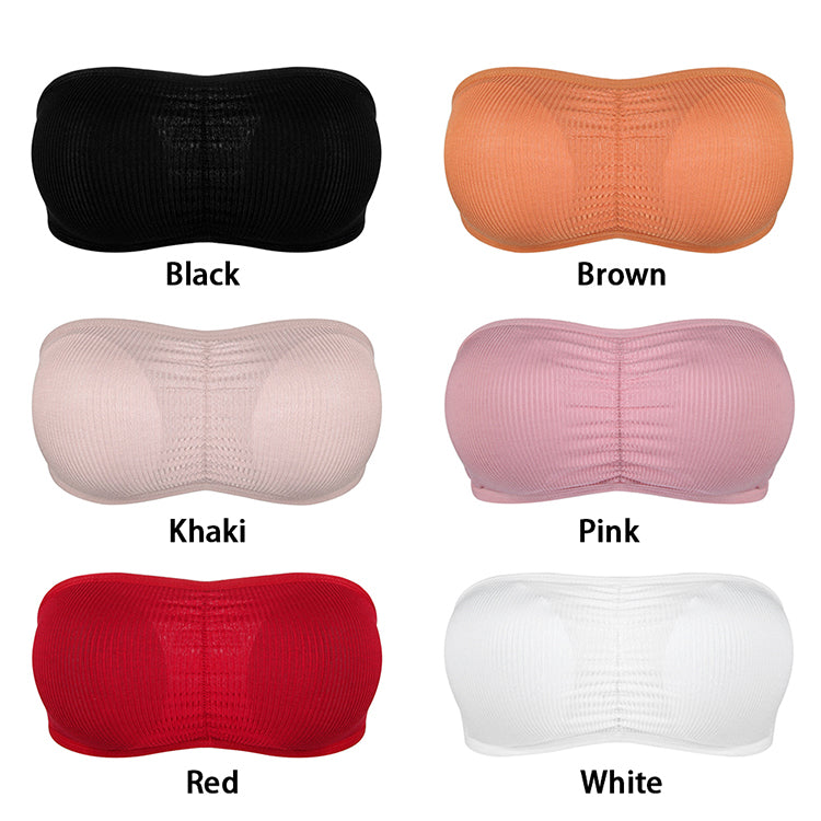 Women Strapless Ruched Push Up Bra Padded Hollow Out Backless Wireless Underwear Bandeau Thread Ribbed Adjustabable Bralette Lingerie
