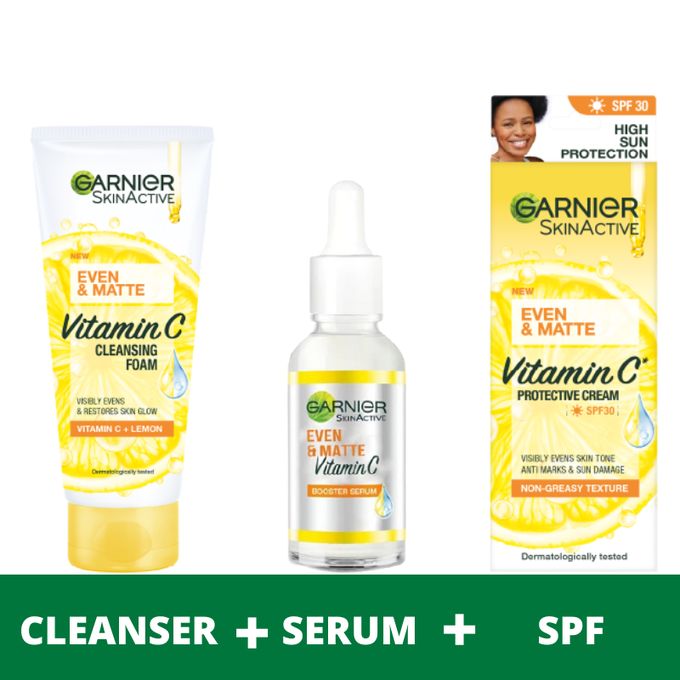 【Discounted】Garnier Eventone Day Routine Kit: Even & Matte Vitamin C Cleansing Foam 50ml + Serum 15ml+ Sunscreen Spf 30 50ml
