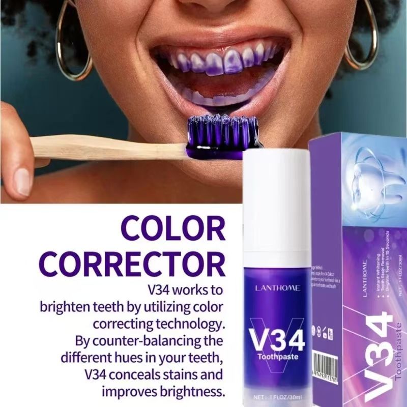 V34 Purple Whitening Toothpaste Remove Stains Teeth Whitening Reduce Yellowing Care For Teeth Gums Fresh Breath Brightening Teeth
