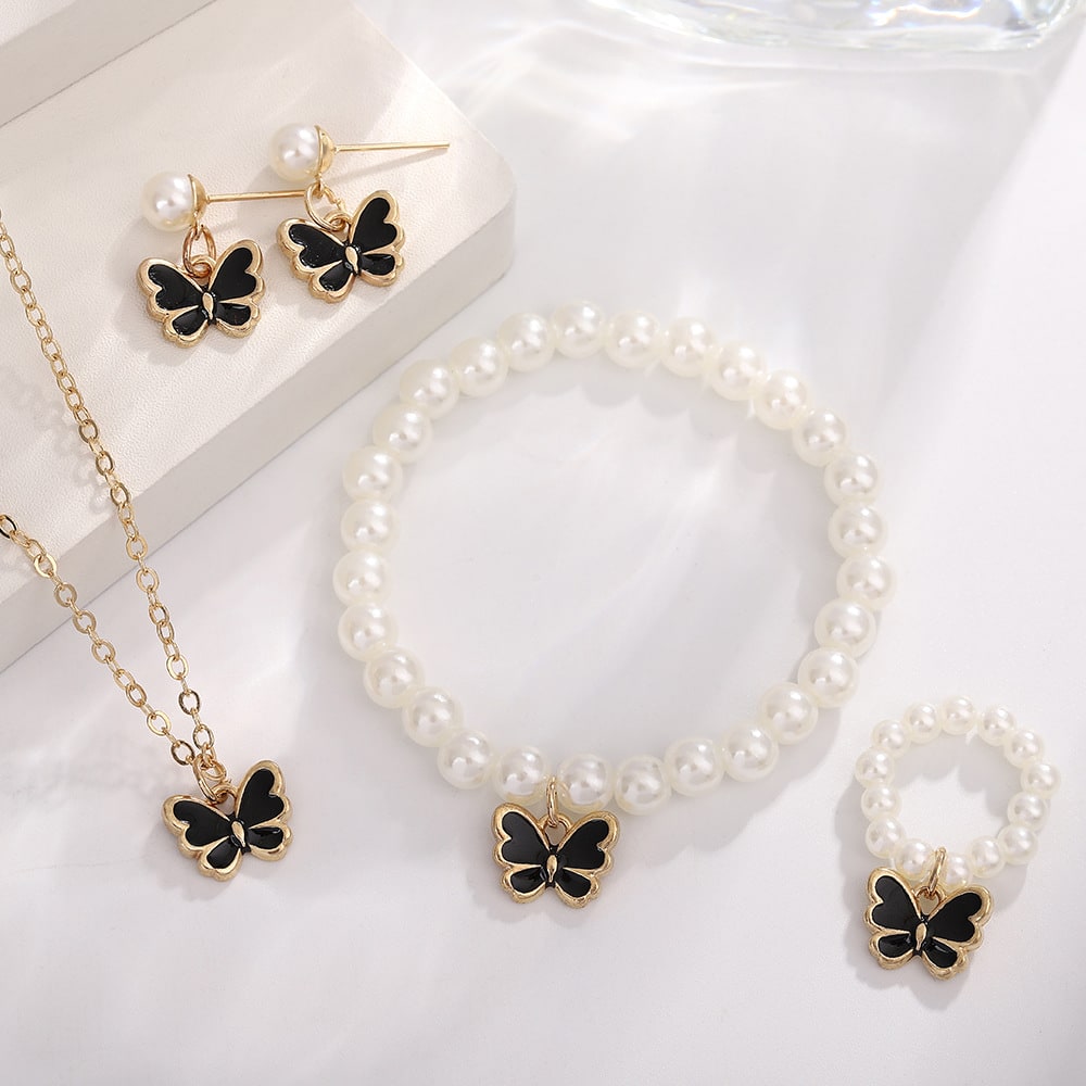 Pearl Butterfly Jewelry Set Oil Drop Butterfly Pendant Pearl Bracelet Earrings Necklace Girls Jewelry